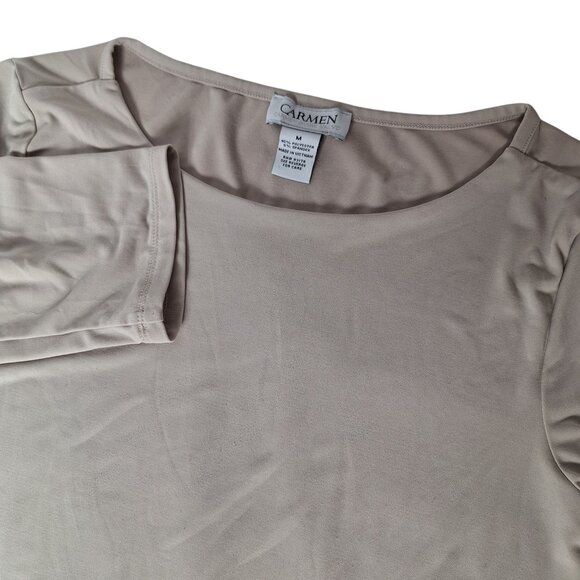 Carmen Marc Valvo Tan Elbow Sleeve Top Medium - Picture 1 of 5
